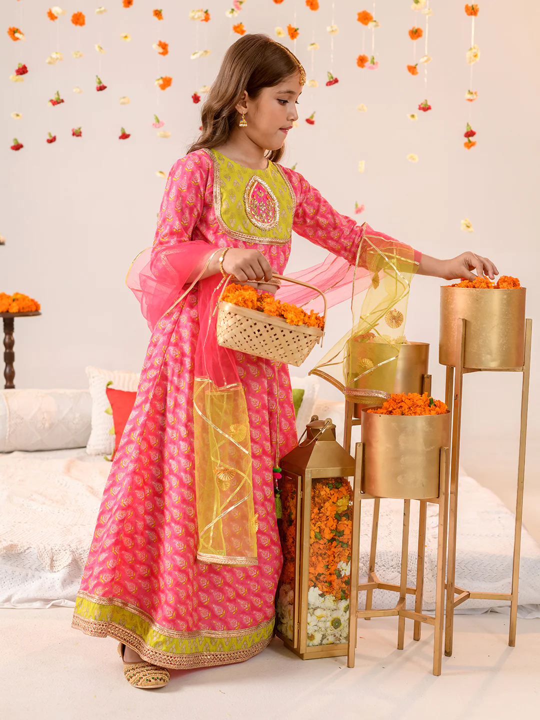 Girl - Pink & Green Gotta Patti Work Lehanga Choli with Dupatta