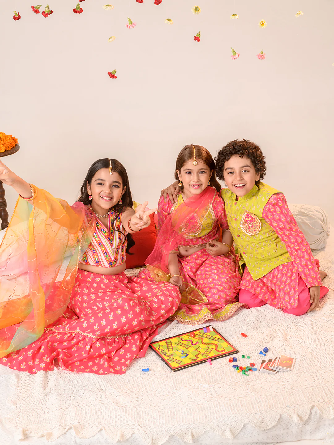 Girl - Stripe Print Choli with Pink Lehanga & Dupatta