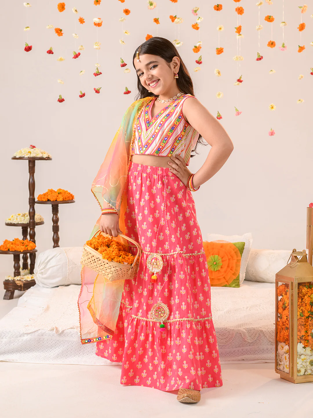 Girl - Stripe Print Choli with Pink Lehanga & Dupatta
