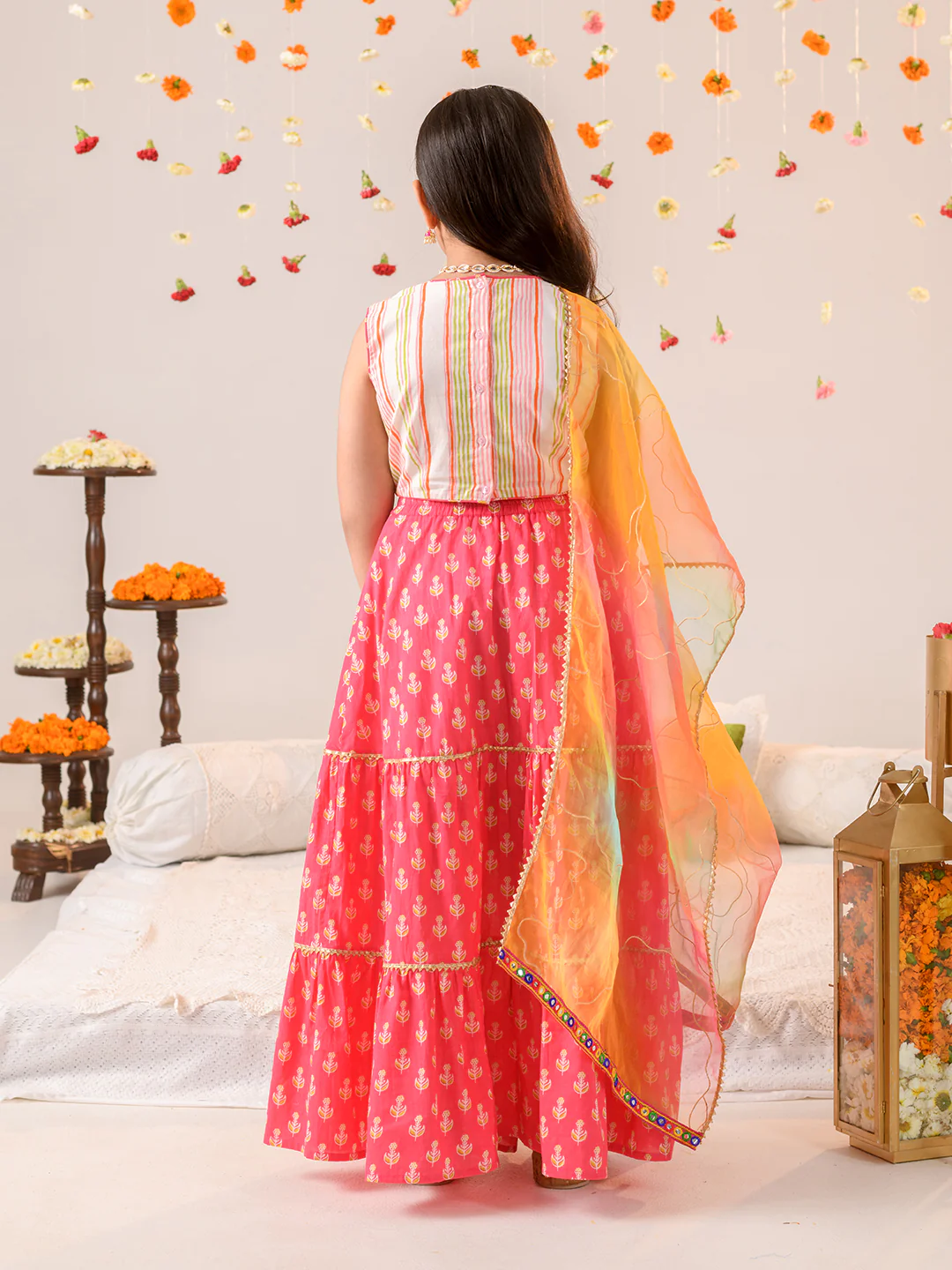 Girl - Stripe Print Choli with Pink Lehanga & Dupatta