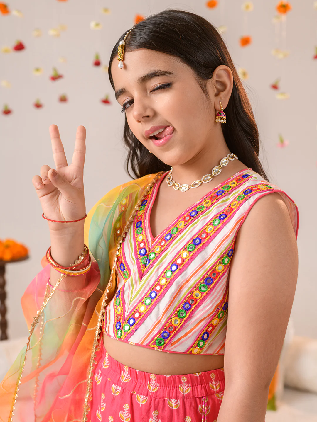 Girl - Stripe Print Choli with Pink Lehanga & Dupatta