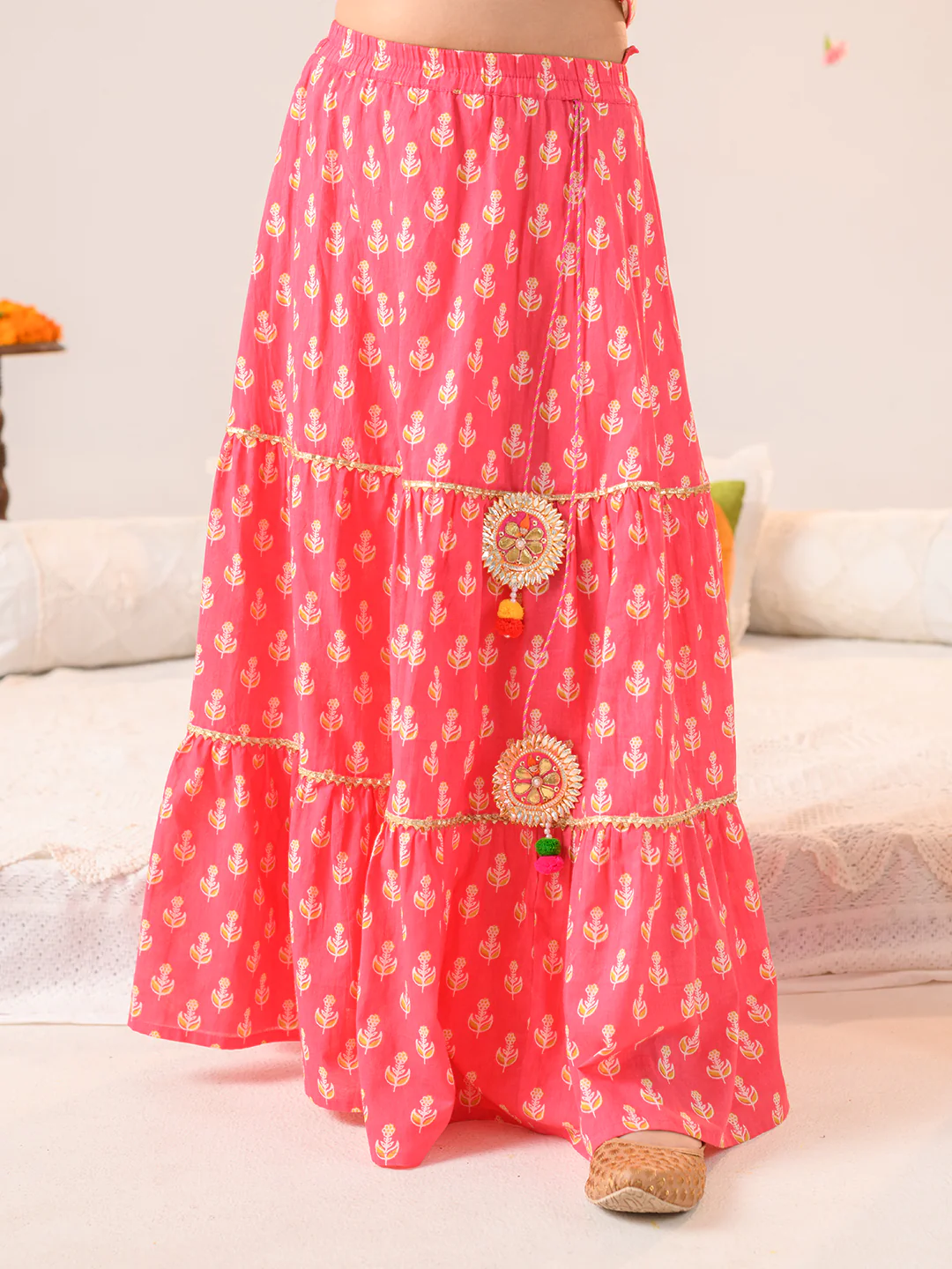 Girl - Stripe Print Choli with Pink Lehanga & Dupatta