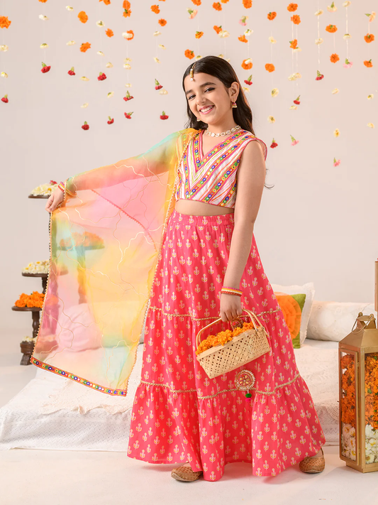 Girl - Stripe Print Choli with Pink Lehanga & Dupatta