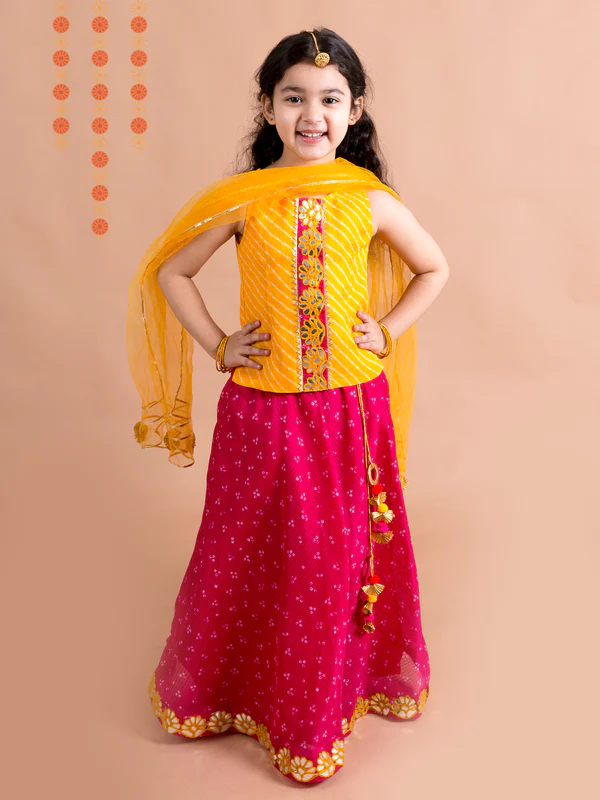 Girl - Yellow & Magenta Lehanga Choli with Dupatta
