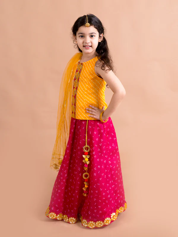Girl - Yellow & Magenta Lehanga Choli with Dupatta
