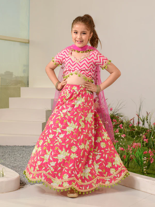 Girl - Pinkish and green Floral Print Lehenga Choli with Dupatta