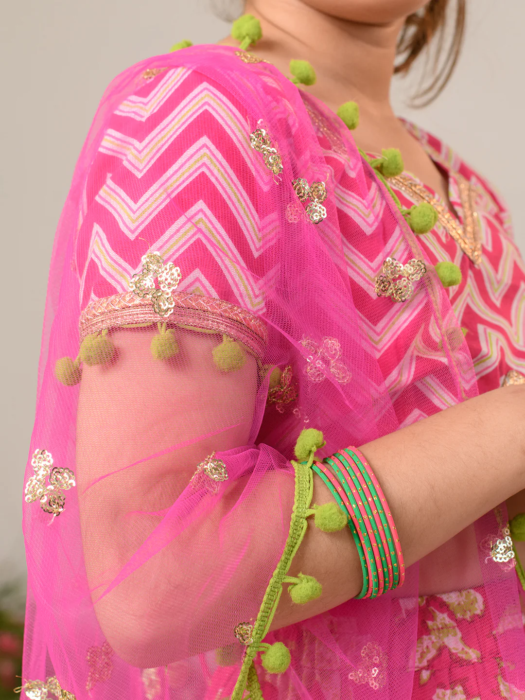 Girl - Pinkish and green Floral Print Lehenga Choli with Dupatta