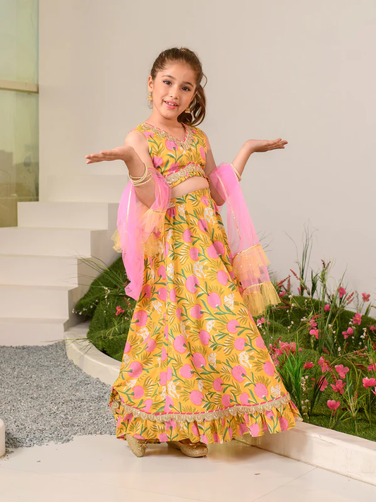 Girl - Yellow Mustard Floral Print Lehanga Choli with Dupatta