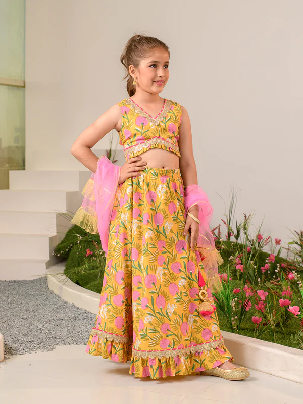 Girl - Yellow Mustard Floral Print Lehanga Choli with Dupatta