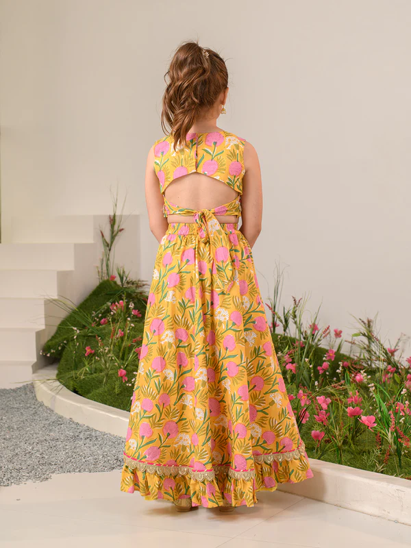 Girl - Yellow Mustard Floral Print Lehanga Choli with Dupatta