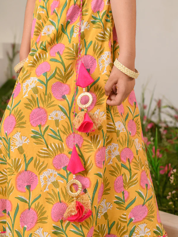 Girl - Yellow Mustard Floral Print Lehanga Choli with Dupatta