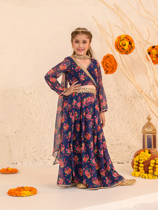 Girl - Navy Blue Floral Print Lehanga Choli Georgette
