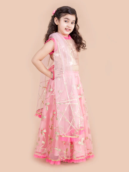Girl - Pink & Gold Embroidered lehenga with Sequence with choli