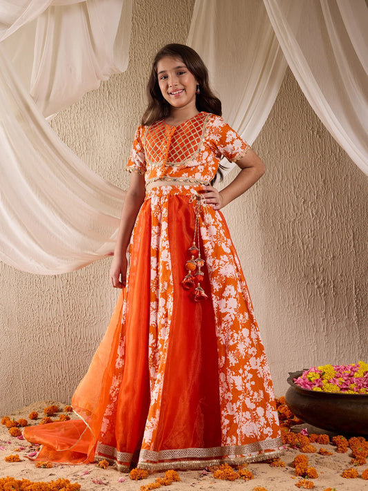 Girl - Orange Floral Lehanga Choli with Dupatta