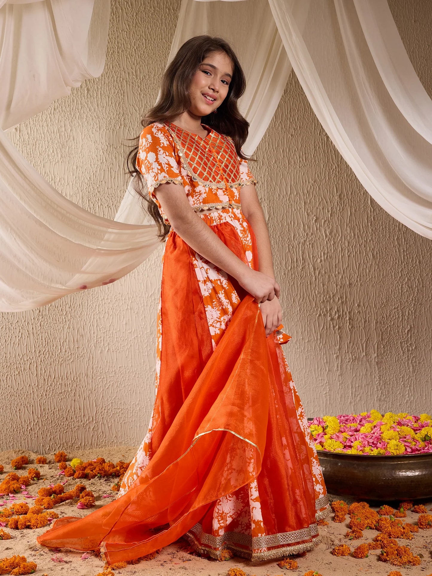 Girl - Orange Floral Lehanga Choli with Dupatta
