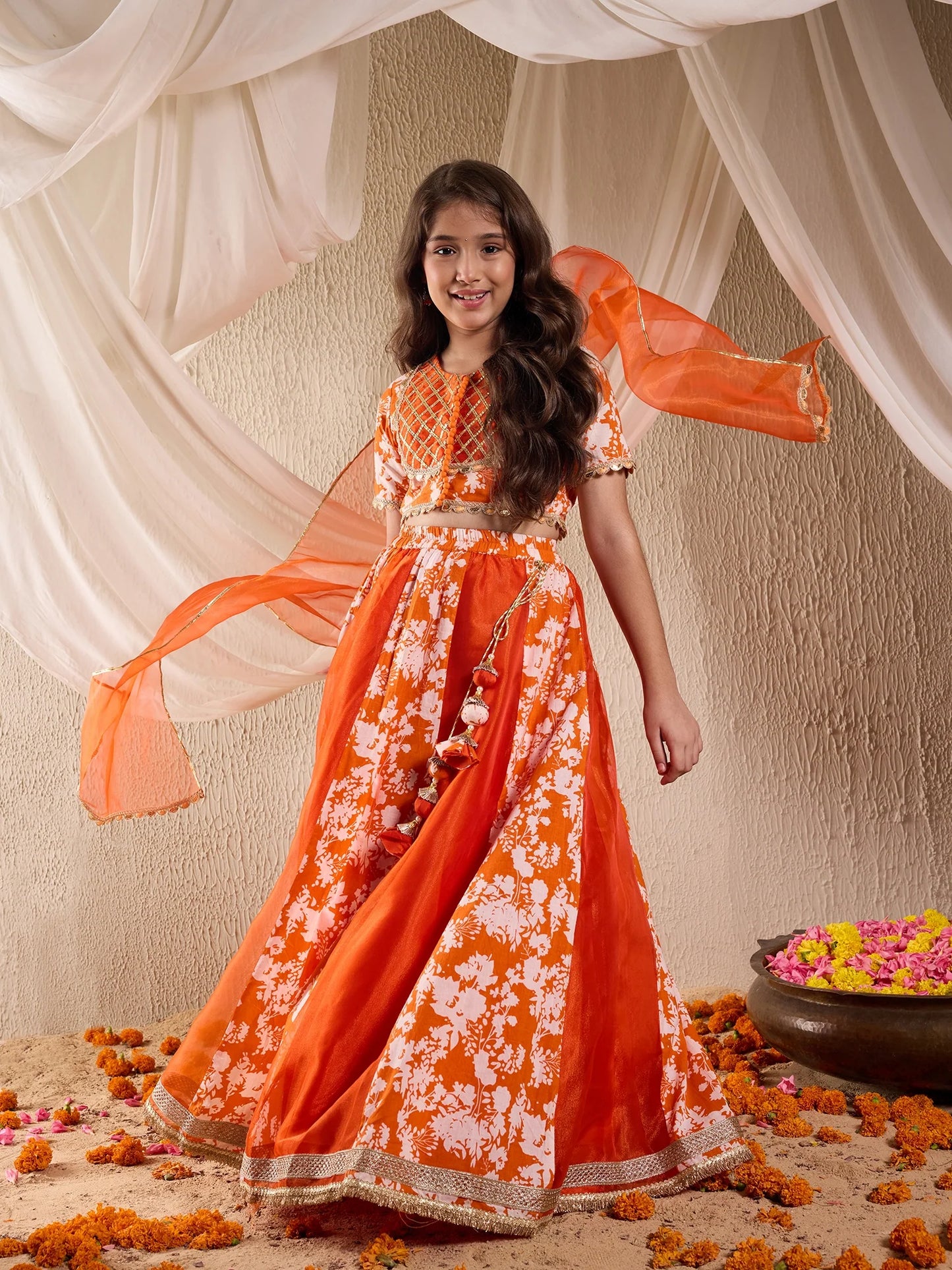 Girl - Orange Floral Lehanga Choli with Dupatta