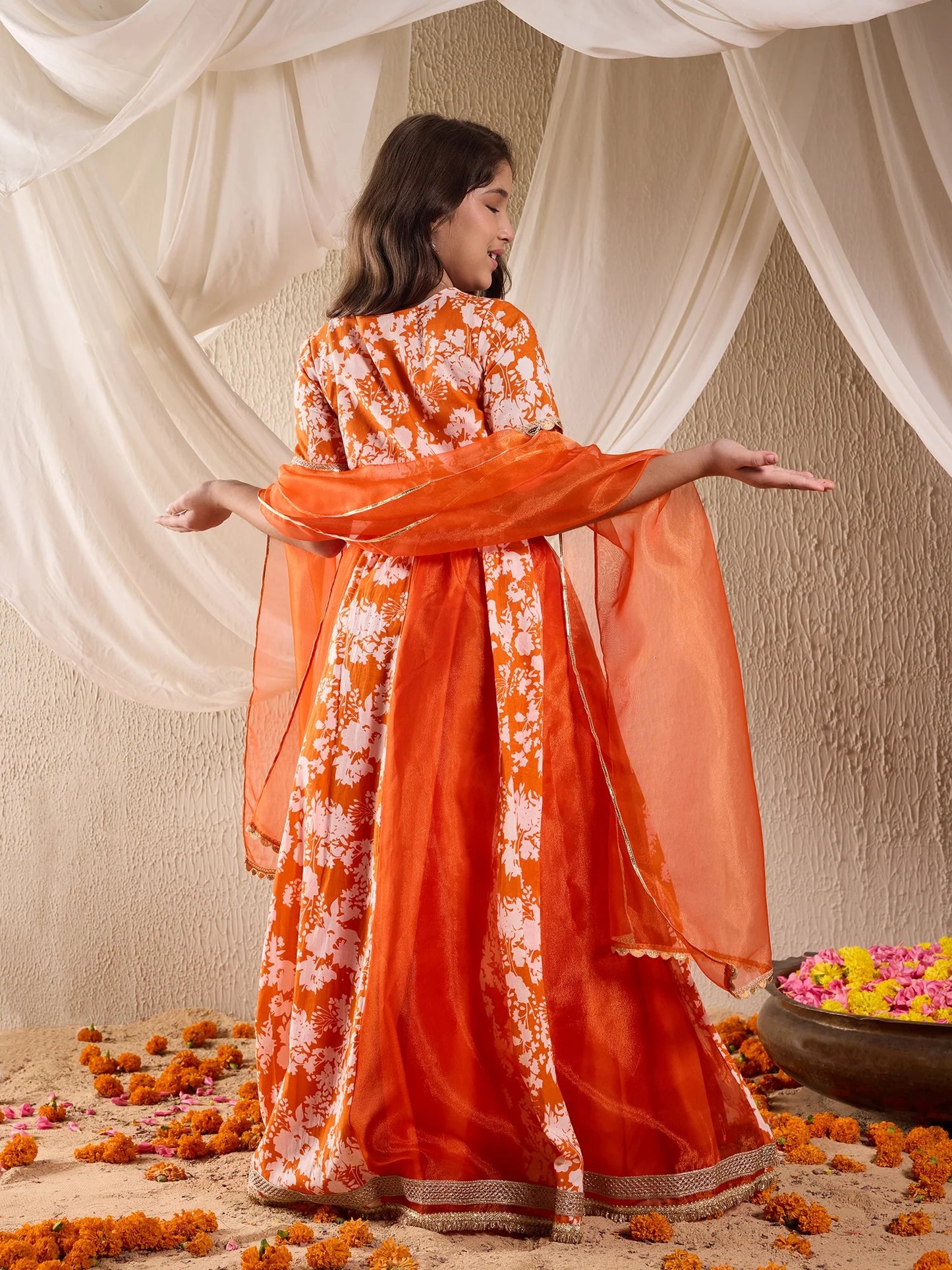 Girl - Orange Floral Lehanga Choli with Dupatta