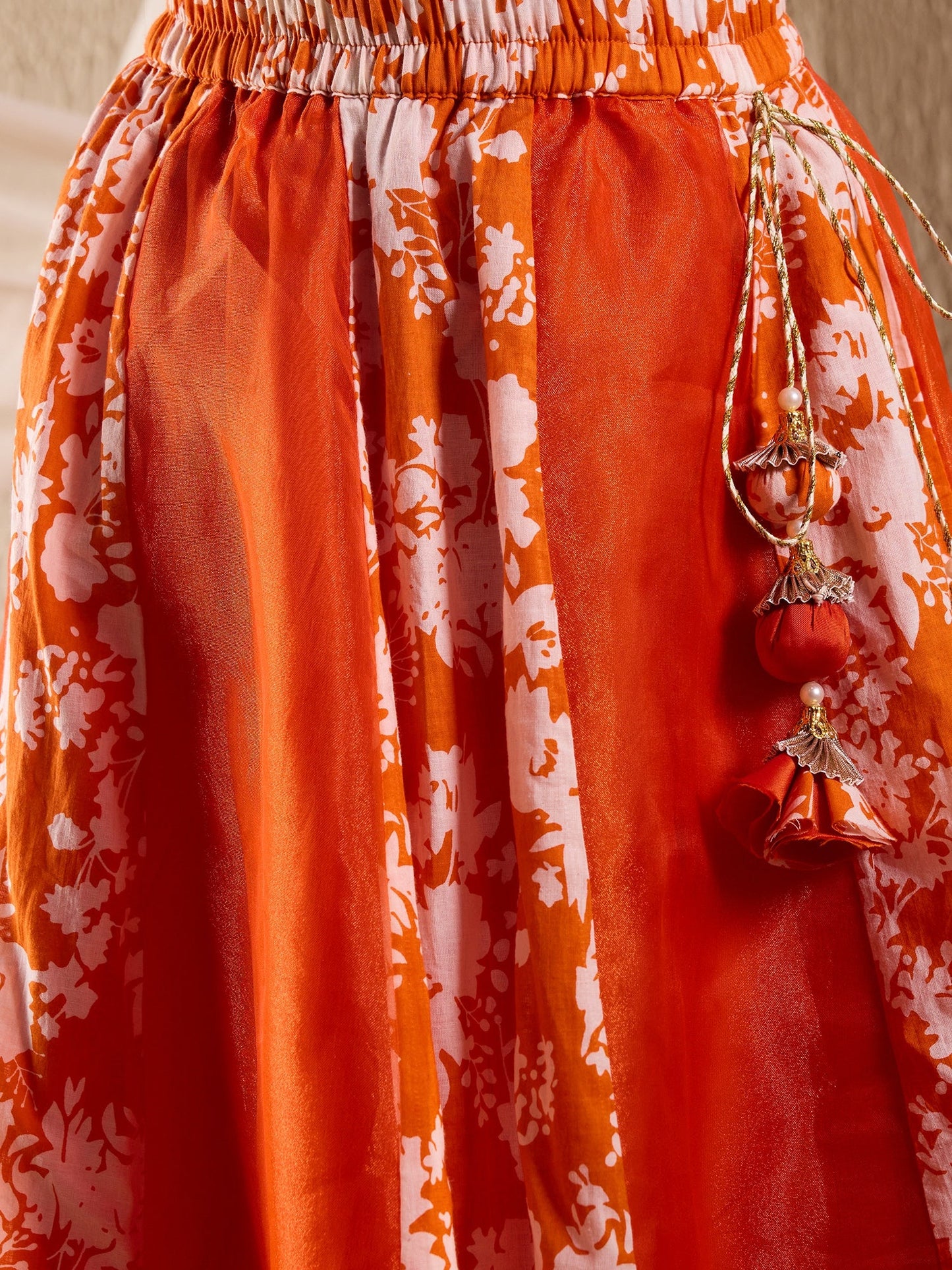 Girl - Orange Floral Lehanga Choli with Dupatta