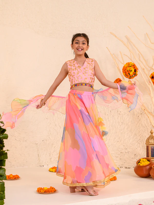 Girl - Pink Lehanga with Splash Print & Golden work Choli with Dupatta
