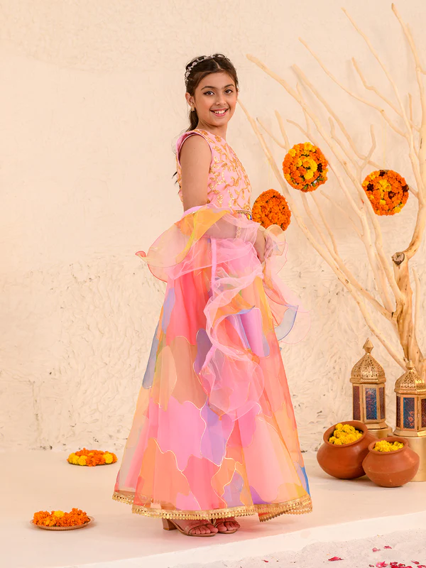 Girl - Pink Lehanga with Splash Print & Golden work Choli with Dupatta