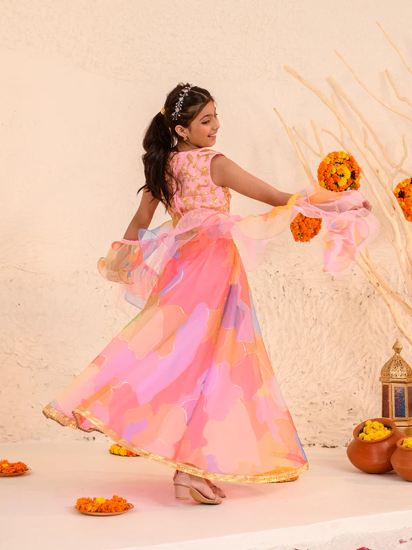 Girl - Pink Lehanga with Splash Print & Golden work Choli with Dupatta