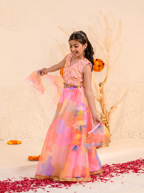 Girl - Pink Lehanga with Splash Print & Golden work Choli with Dupatta