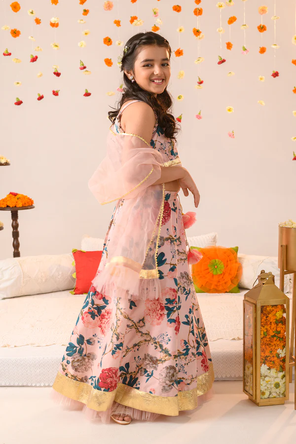 Girl - Nude Pink Floral Print Lehanga Choli with Net Dupatta