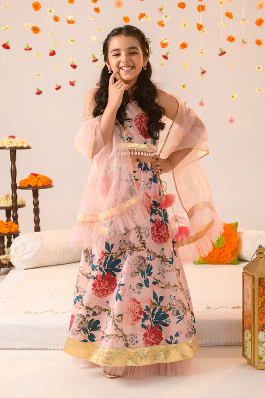 Girl - Nude Pink Floral Print Lehanga Choli with Net Dupatta