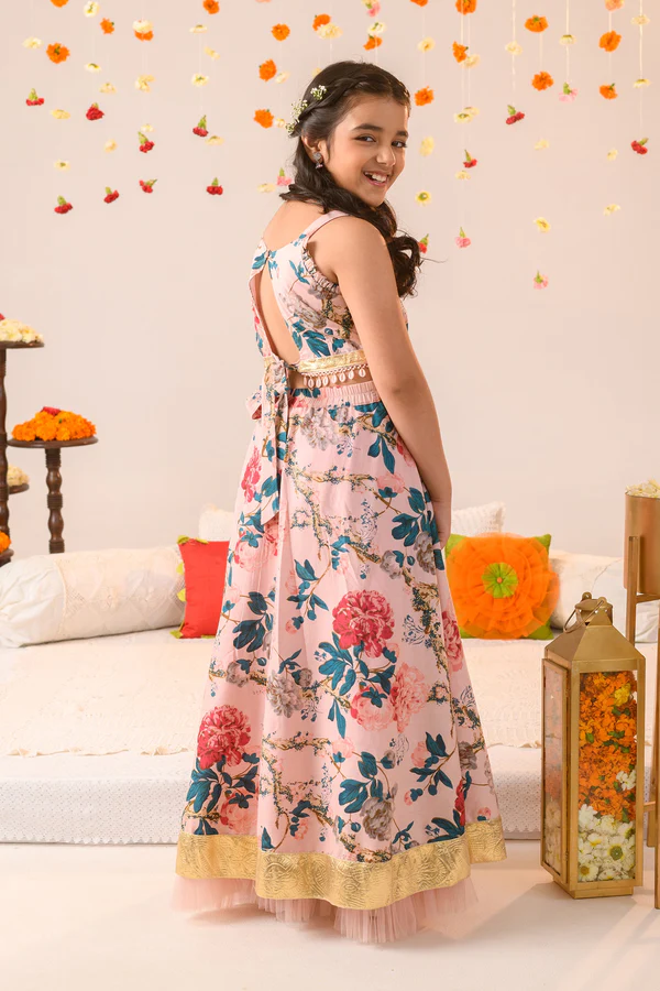 Girl - Nude Pink Floral Print Lehanga Choli with Net Dupatta