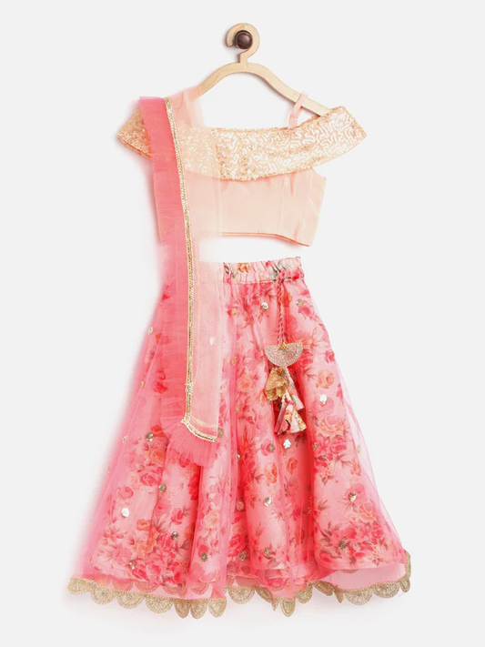 Girl - Offshoulder Sequence Choli with Pink Floral Print Lehanga