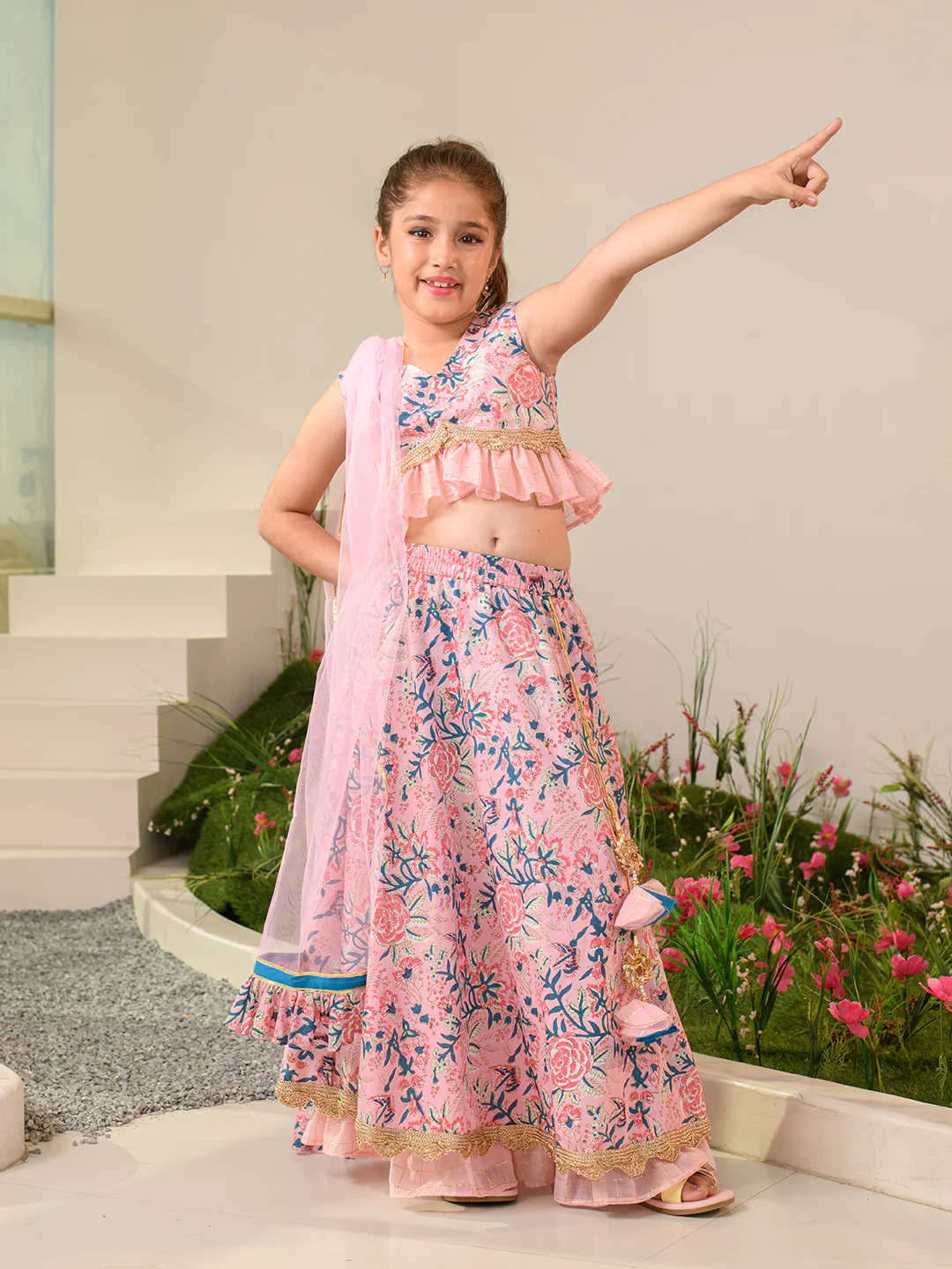 Girl - Pink Floral Print Lehanga Choli with Dupatta