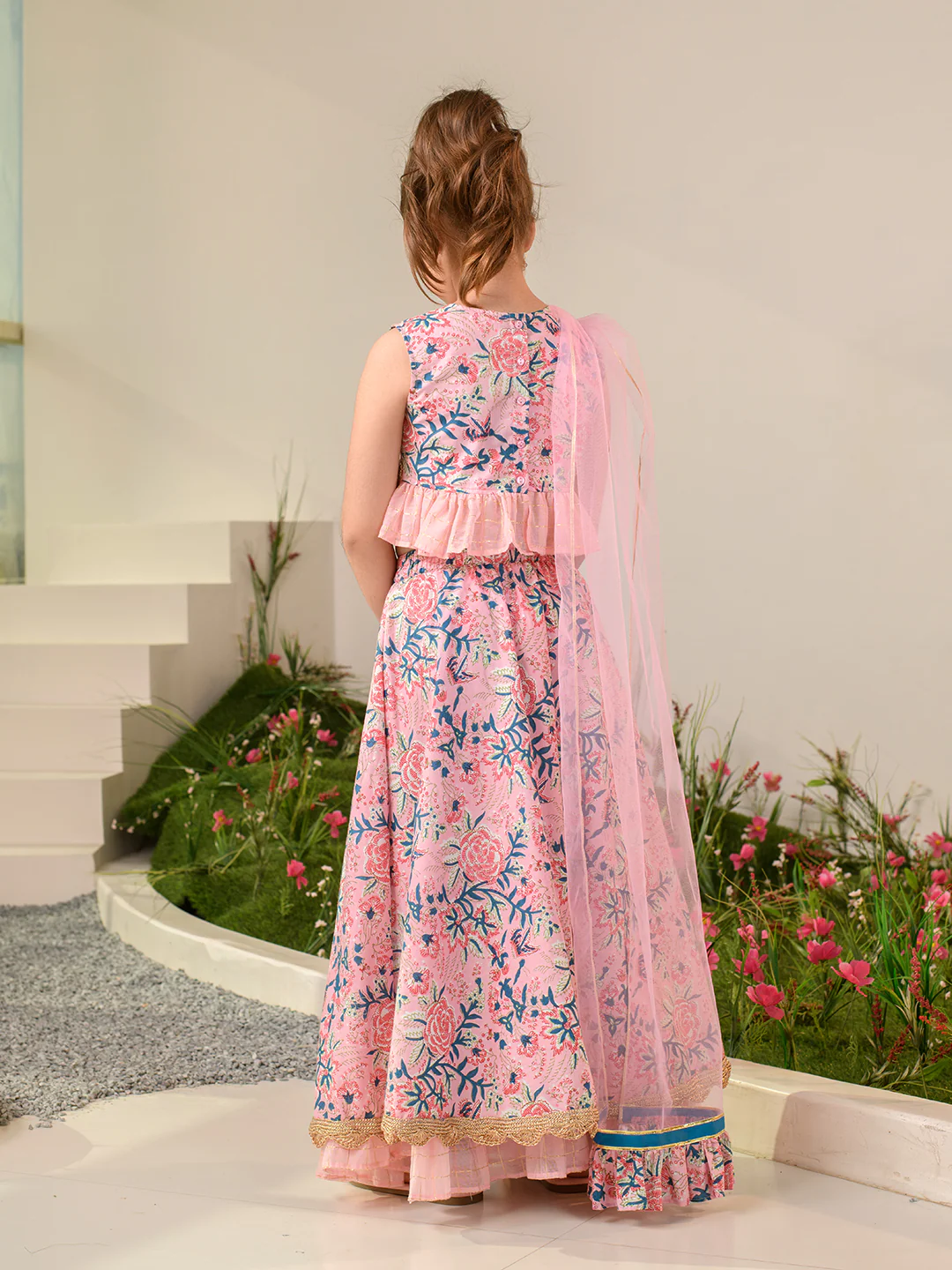 Girl - Pink Floral Print Lehanga Choli with Dupatta