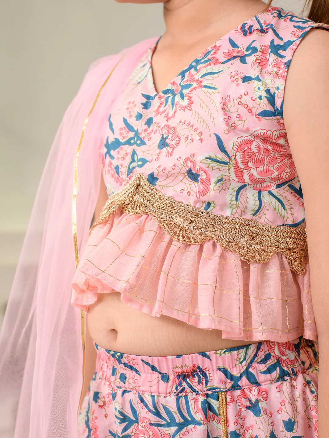 Girl - Pink Floral Print Lehanga Choli with Dupatta