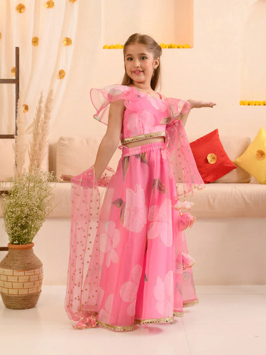 Girl - Pink Floral Lehanga Choli with Dupatta