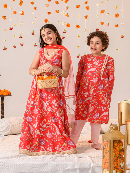 Girl - Red Floral Print Cotton Lehanga Choli with Net Dupatta