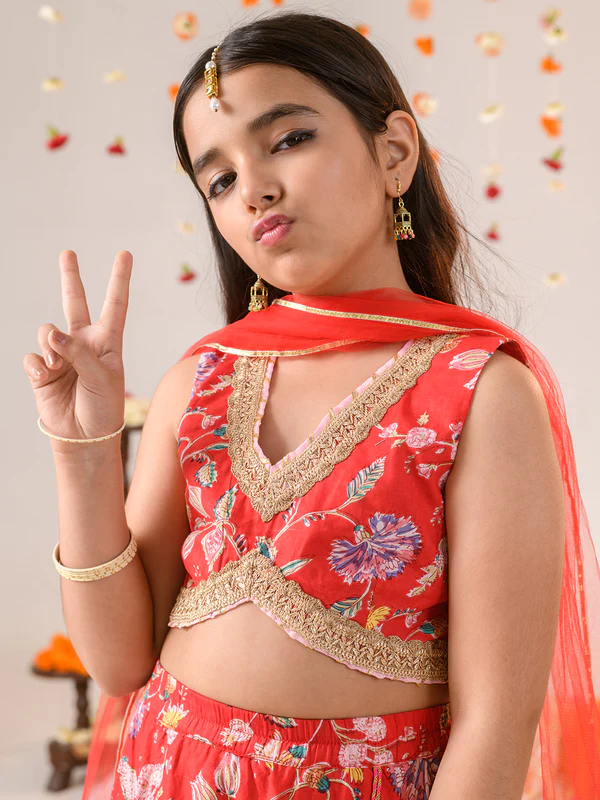 Girl - Red Floral Print Cotton Lehanga Choli with Net Dupatta