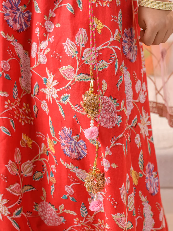 Girl - Red Floral Print Cotton Lehanga Choli with Net Dupatta