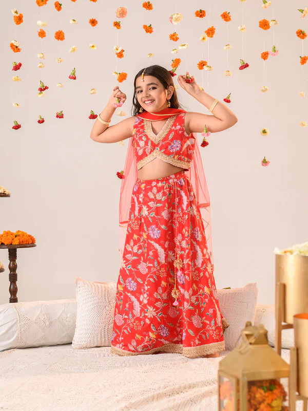 Girl - Red Floral Print Cotton Lehanga Choli with Net Dupatta