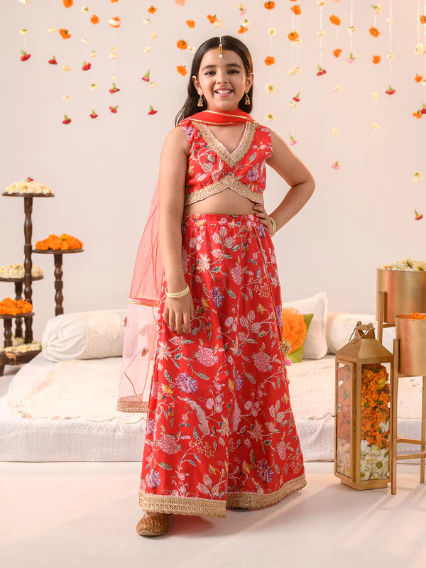 Girl - Red Floral Print Cotton Lehanga Choli with Net Dupatta