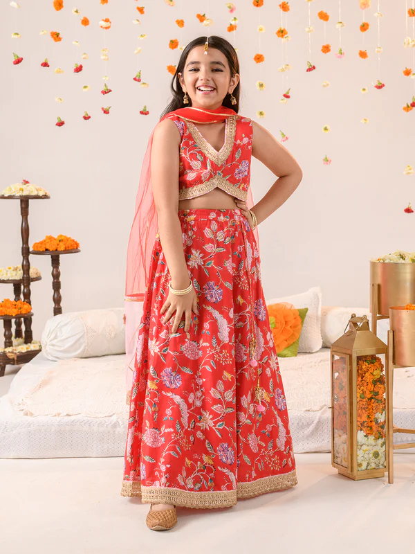 Girl - Red Floral Print Cotton Lehanga Choli with Net Dupatta