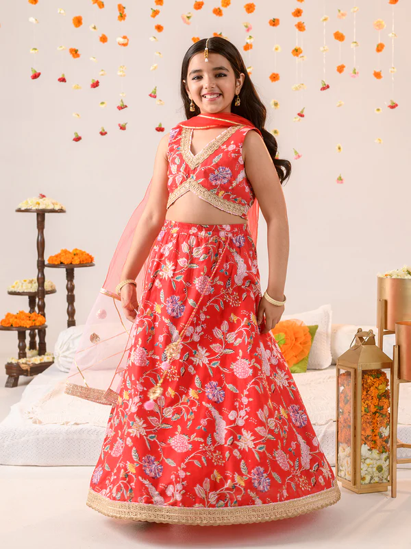 Girl - Red Floral Print Cotton Lehanga Choli with Net Dupatta