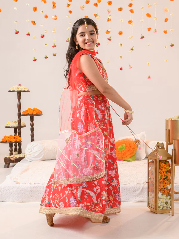 Girl - Red Floral Print Cotton Lehanga Choli with Net Dupatta