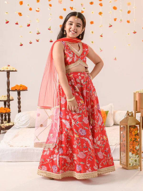 Girl - Red Floral Print Cotton Lehanga Choli with Net Dupatta