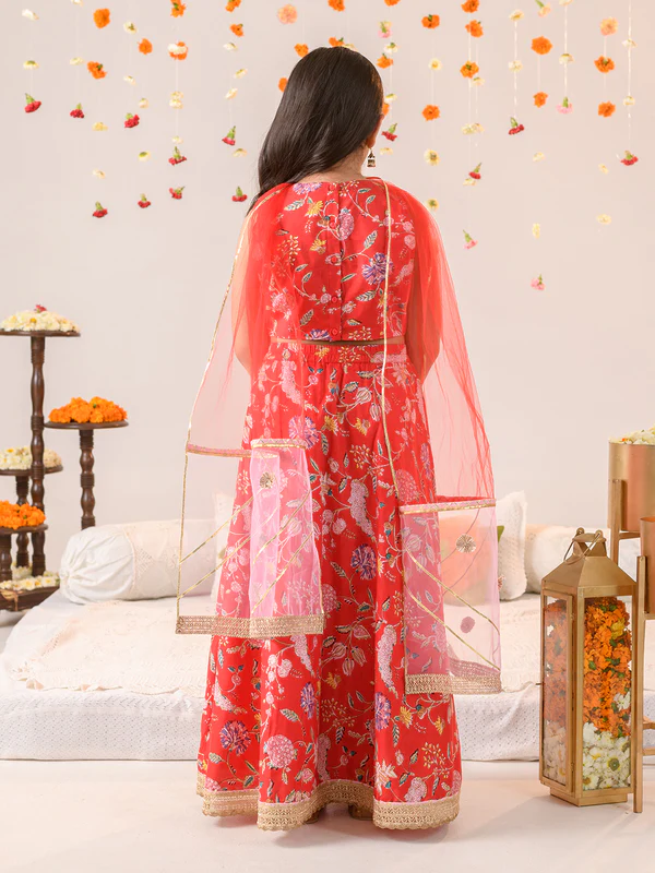 Girl - Red Floral Print Cotton Lehanga Choli with Net Dupatta