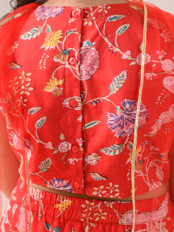 Girl - Red Floral Print Cotton Lehanga Choli with Net Dupatta