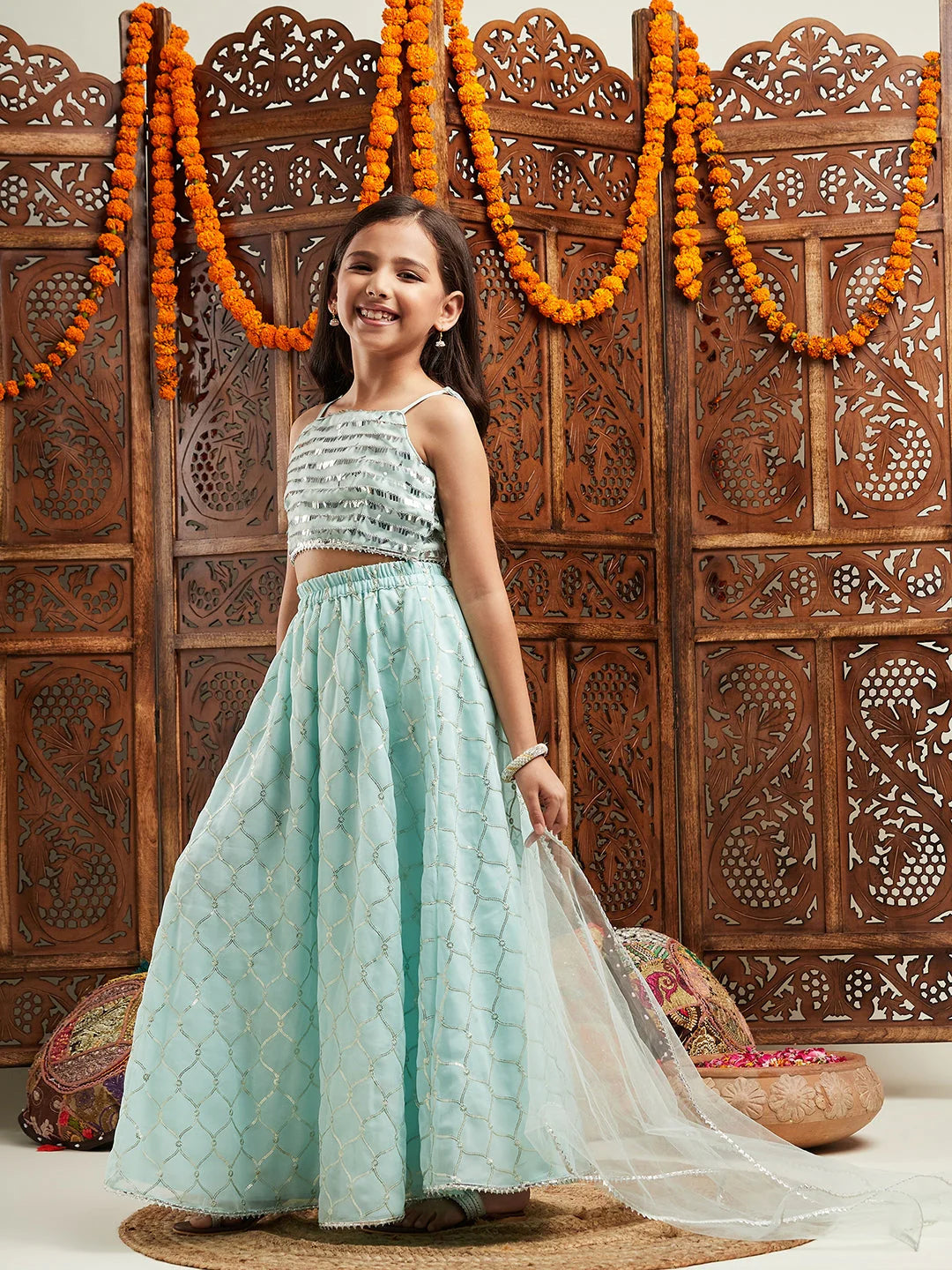 Girl - SeaGreen Lehanga Choli & Dupatta