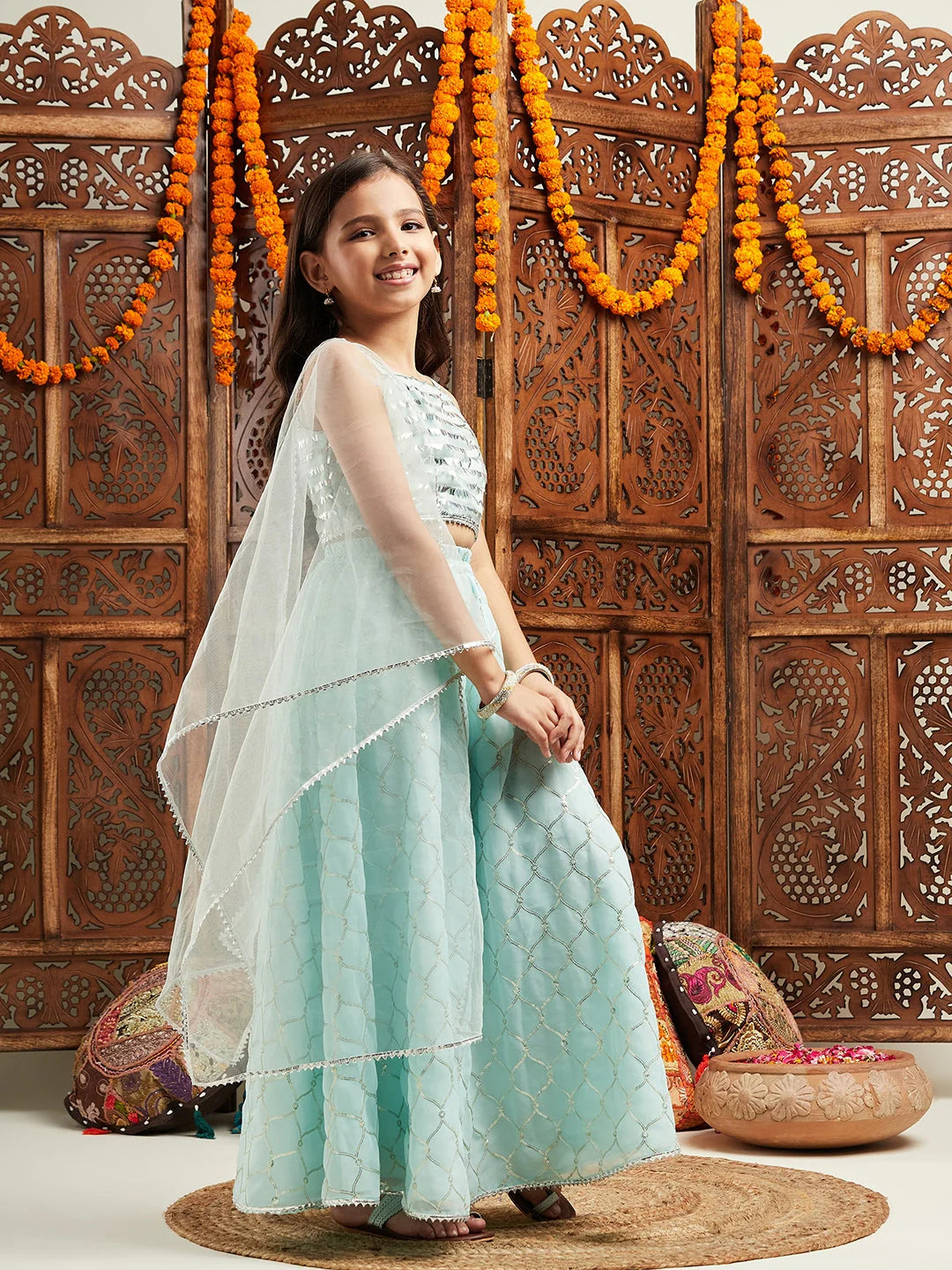 Girl - SeaGreen Lehanga Choli & Dupatta