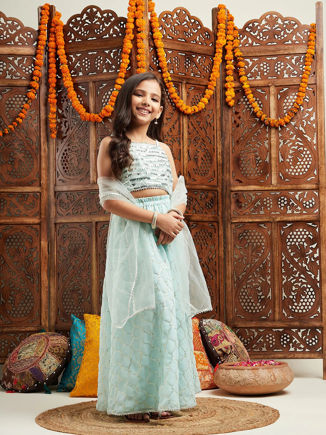 Girl - SeaGreen Lehanga Choli & Dupatta
