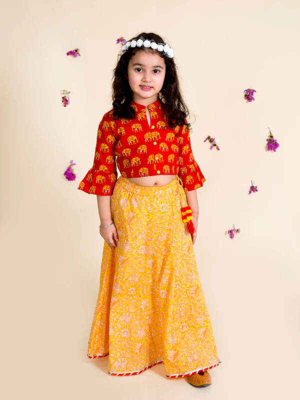 Girl - Cotton Red Choli with Bell Sleeves & Yellow Lehanga