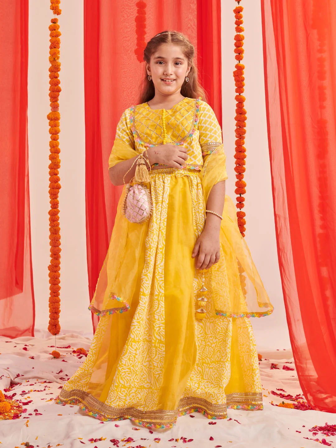 Girls Yellow Printed Cotton Lehenga & Choli With Dupatta